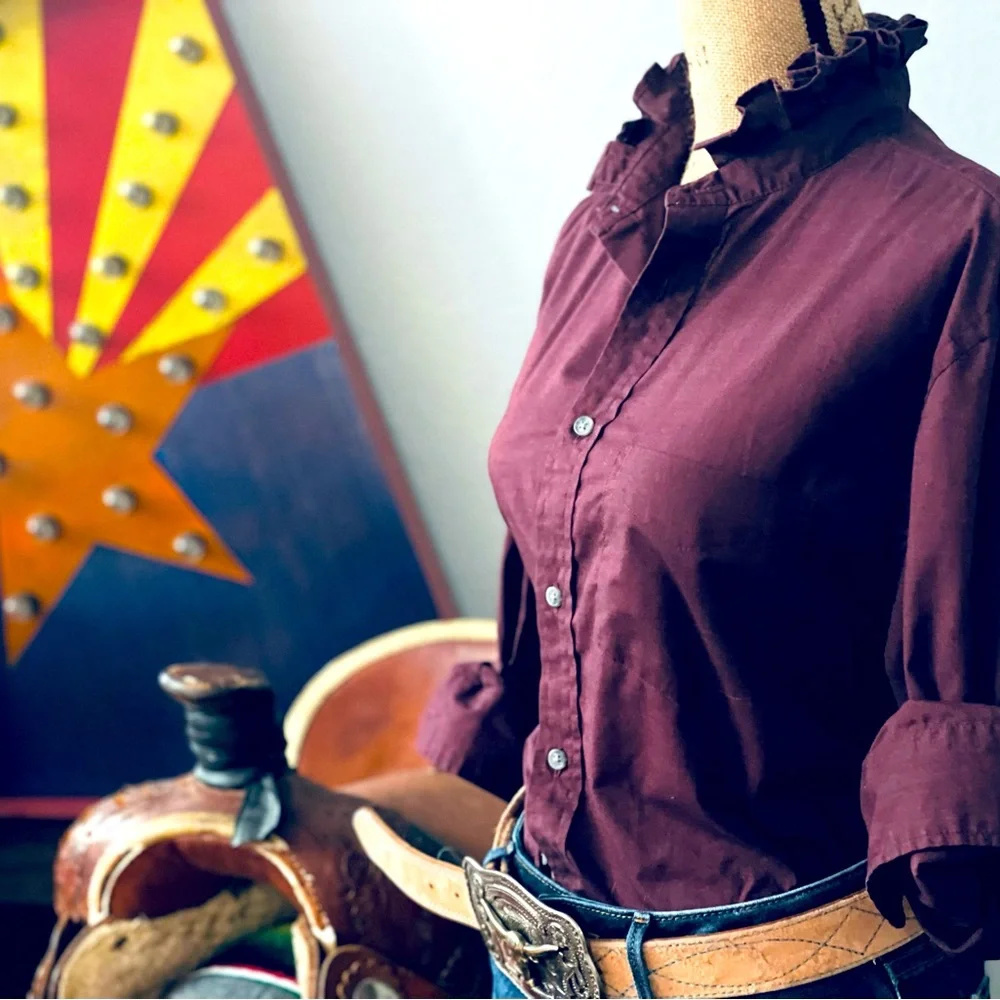 Redid, Redone and Reworked Mens to Ladies Maroon Ruffle Collar Long Sleeve Shirt - Picture 2 of 8